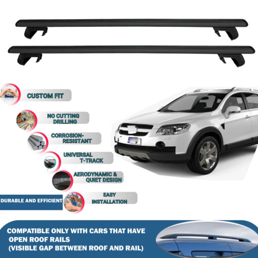 Roof Rack Cross Bars Compatible with Chevrolet Captiva 2006-2018, Fits Raised Roof Rails with Gap to Car Roof, Ideal Rail Carrier for Roof Tents, 2-Piece Black