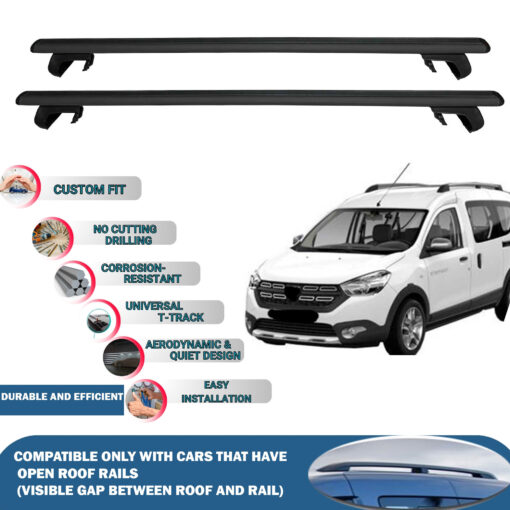 Roof Rack Cross Bars Compatible with Dacia Dokker 2012-2023, Fits Raised Roof Rails with Gap to Car Roof, Ideal Rail Carrier for Roof Tents, 2-Piece Black