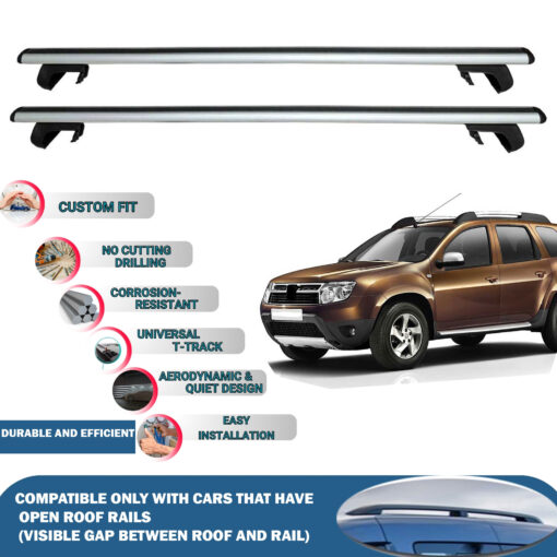 Roof Rack Cross Bars Compatible with Dacia Duster Hs 2010-2013, Fits Raised Roof Rails with Gap to Car Roof, Ideal Rail Carrier for Roof Tents, 2-Piece Silver