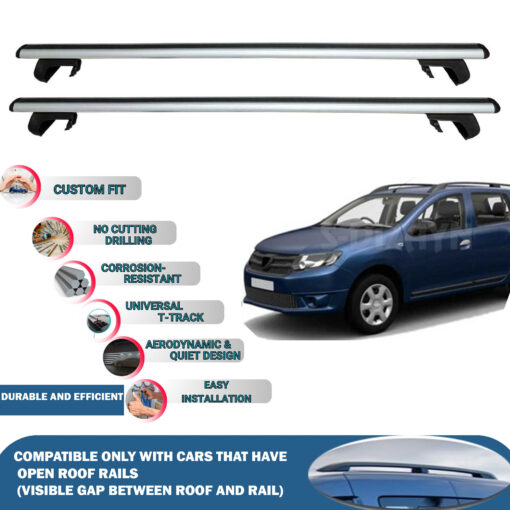 Roof Rack Cross Bars Compatible with Dacia Logan Mcv 2014-2023, Fits Raised Roof Rails with Gap to Car Roof, Ideal Rail Carrier for Roof Tents, 2-Piece Silver