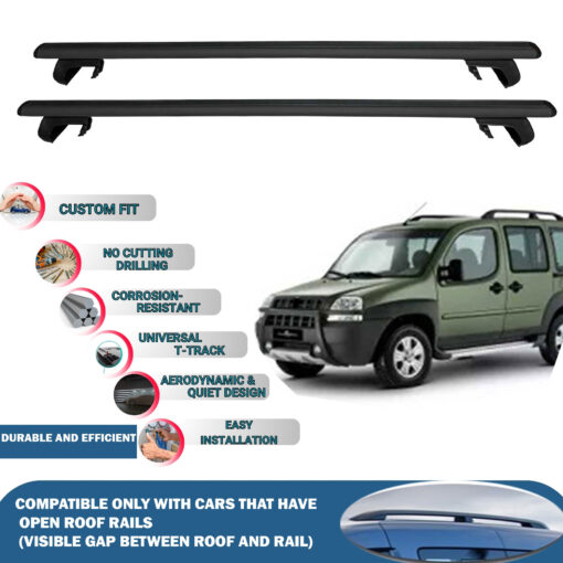 Roof Rack Cross Bars Compatible with Fiat Doblo 5D 2000-2009, Fits Raised Roof Rails with Gap to Car Roof, Ideal Rail Carrier for Roof Tents, 2-Piece Black