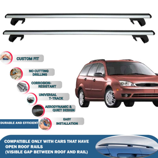 Roof Rack Cross Bars Compatible with Ford Focus Wagon 2005-2007, Fits Raised Roof Rails with Gap to Car Roof, Ideal Rail Carrier for Roof Tents, 2-Piece Silver