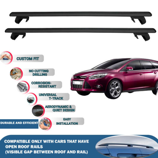 Roof Rack Cross Bars Compatible with Ford Focus Wagon 2008-2011, Fits Raised Roof Rails with Gap to Car Roof, Ideal Rail Carrier for Roof Tents, 2-Piece Black