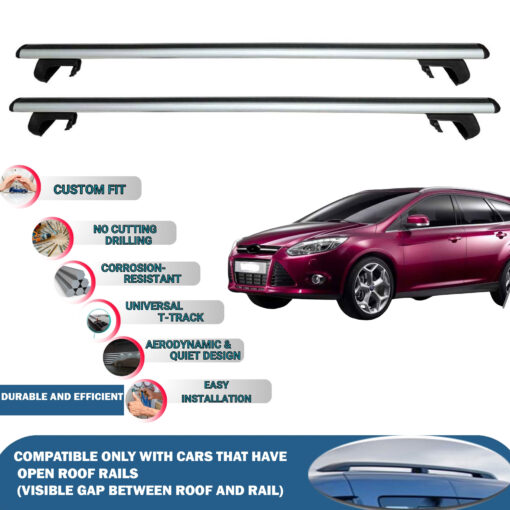 Roof Rack Cross Bars Compatible with Ford Focus Wagon 2008-2011, Fits Raised Roof Rails with Gap to Car Roof, Ideal Rail Carrier for Roof Tents, 2-Piece Silver