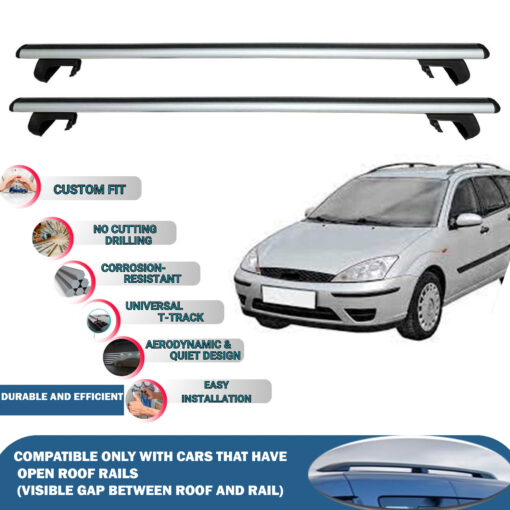 Roof Rack Cross Bars Compatible with Ford Focus Wagon 1999-2005, Fits Raised Roof Rails with Gap to Car Roof, Ideal Rail Carrier for Roof Tents, 2-Piece Silver