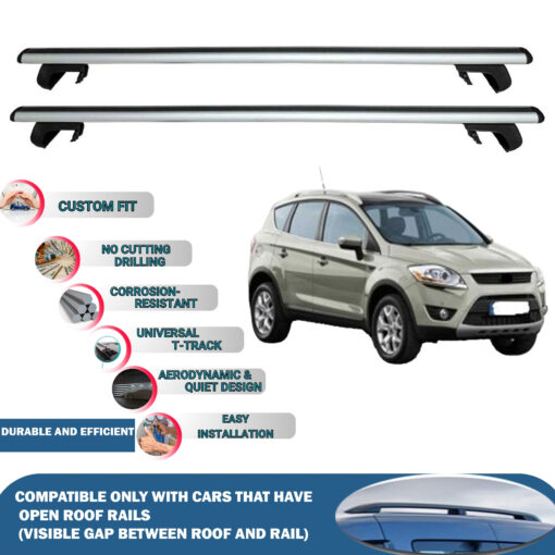 Roof Rack Cross Bars Compatible with Ford Kuga 2008-2013, Fits Raised Roof Rails with Gap to Car Roof, Ideal Rail Carrier for Roof Tents, 2-Piece Silver