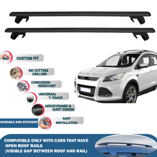 Roof Rack Cross Bars Compatible with Ford Kuga 2013-2018, Fits Raised Roof Rails with Gap to Car Roof, Ideal Rail Carrier for Roof Tents, 2-Piece Black