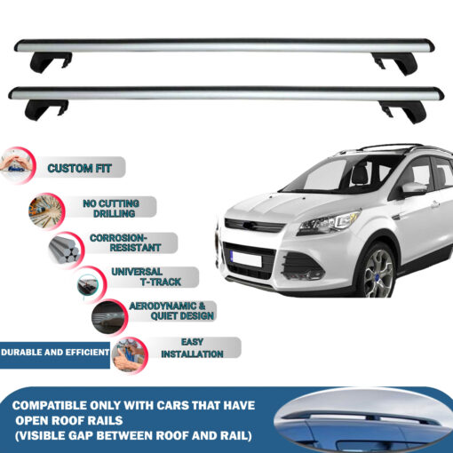 Roof Rack Cross Bars Compatible with Ford Kuga 2013-2018, Fits Raised Roof Rails with Gap to Car Roof, Ideal Rail Carrier for Roof Tents, 2-Piece Silver