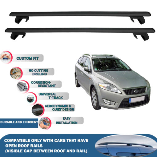 Roof Rack Cross Bars Compatible with Ford Mondeo Sw 2007-2014, Fits Raised Roof Rails with Gap to Car Roof, Ideal Rail Carrier for Roof Tents, 2-Piece Black