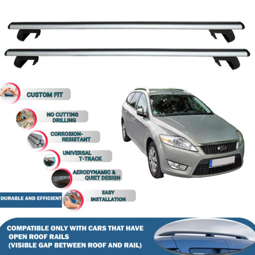 Roof Rack Cross Bars Compatible with Ford Mondeo Sw 2007-2014, Fits Raised Roof Rails with Gap to Car Roof, Ideal Rail Carrier for Roof Tents, 2-Piece Silver