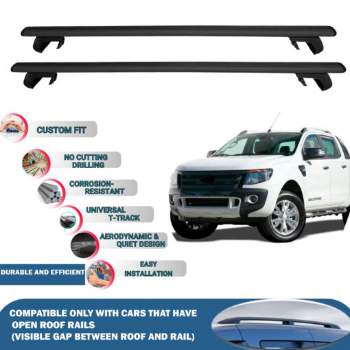 Roof Rack Cross Bars Compatible with Ford Ranger 2011-2015, Fits Raised Roof Rails with Gap to Car Roof, Ideal Rail Carrier for Roof Tents, 2-Piece Black