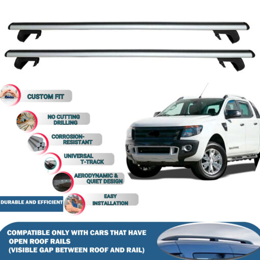 Roof Rack Cross Bars Compatible with Ford Ranger 2011-2015, Fits Raised Roof Rails with Gap to Car Roof, Ideal Rail Carrier for Roof Tents, 2-Piece Silver