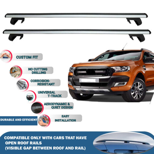 Roof Rack Cross Bars Compatible with Ford Ranger 2015-2018, Fits Raised Roof Rails with Gap to Car Roof, Ideal Rail Carrier for Roof Tents, 2-Piece Silver