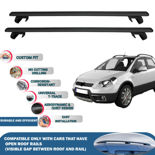 Roof Rack Cross Bars Compatible with Fiat Sedici 2004-2015, Fits Raised Roof Rails with Gap to Car Roof, Ideal Rail Carrier for Roof Tents, 2-Piece Black