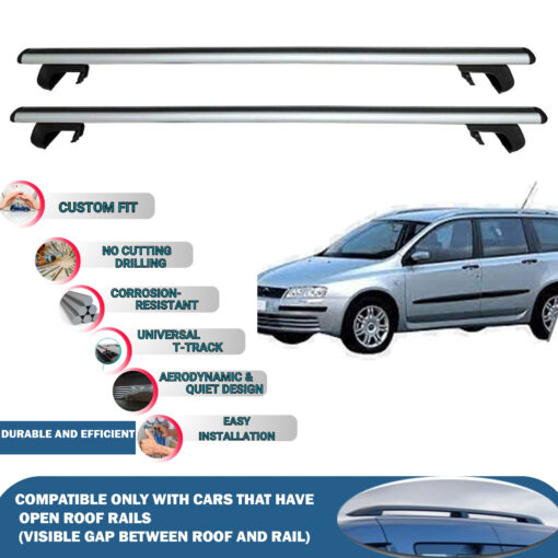 Roof Rack Cross Bars Compatible with Fiat Stilo Multiwagon 2002-2008, Fits Raised Roof Rails with Gap to Car Roof, Ideal Rail Carrier for Roof Tents, 2-Piece Silver