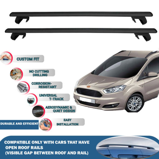 Roof Rack Cross Bars Compatible with Ford Tourneo Combi Courier 2014-2023, Fits Raised Roof Rails with Gap to Car Roof, Ideal Rail Carrier for Roof Tents, 2-Piece Black