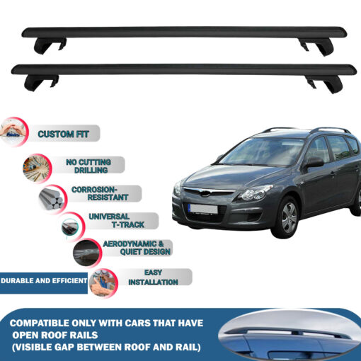 Roof Rack Cross Bars Compatible with Hyundai I30 Cw/Sw/Touring 2006-2012, Fits Raised Roof Rails with Gap to Car Roof, Ideal Rail Carrier for Roof Tents, 2-Piece Black