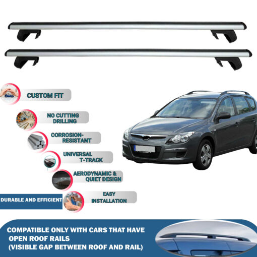 Roof Rack Cross Bars Compatible with Hyundai I30 Cw/Sw/Touring 2006-2012, Fits Raised Roof Rails with Gap to Car Roof, Ideal Rail Carrier for Roof Tents, 2-Piece Silver