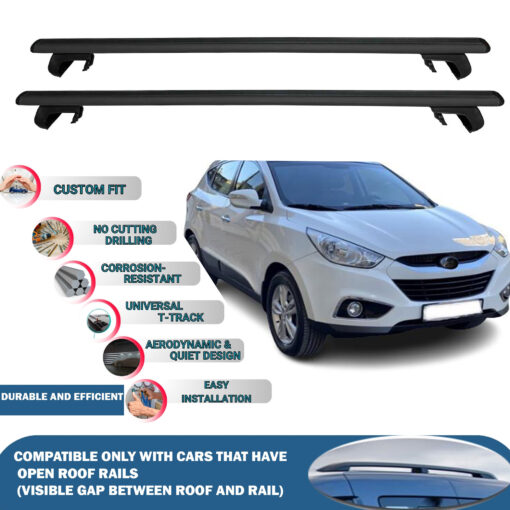 Roof Rack Cross Bars Compatible with Hyundai Ix35 Lm 2010-2015, Fits Raised Roof Rails with Gap to Car Roof, Ideal Rail Carrier for Roof Tents, 2-Piece Black