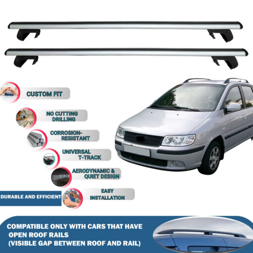 Roof Rack Cross Bars Compatible with Hyundai Matrix Mpv 2001-2010, Fits Raised Roof Rails with Gap to Car Roof, Ideal Rail Carrier for Roof Tents, 2-Piece Silver