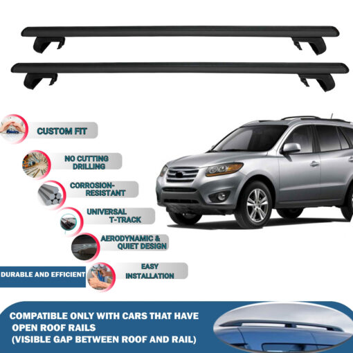 Roof Rack Cross Bars Compatible with Hyundai Santa Fe 2006-2012, Fits Raised Roof Rails with Gap to Car Roof, Ideal Rail Carrier for Roof Tents, 2-Piece Black