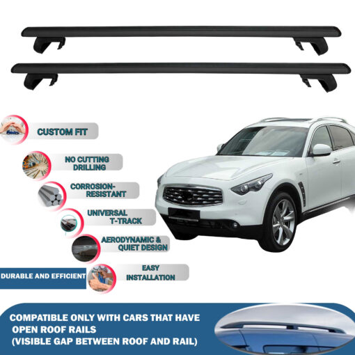 Roof Rack Cross Bars Compatible with Infiniti Qx70 Mk2 2008-2013, Fits Raised Roof Rails with Gap to Car Roof, Ideal Rail Carrier for Roof Tents, 2-Piece Black