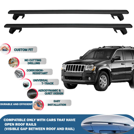 Roof Rack Cross Bars Compatible with Jeep Grand Cherokee WK 2005-2010, Fits Raised Roof Rails with Gap to Car Roof, Ideal Rail Carrier for Roof Tents, 2-Piece Black