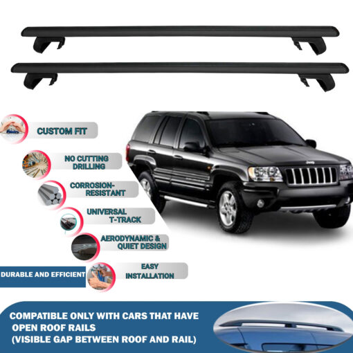 Roof Rack Cross Bars Compatible with Jeep Grand Cherokee WJ 1999-2005, Fits Raised Roof Rails with Gap to Car Roof, Ideal Rail Carrier for Roof Tents, 2-Piece Black