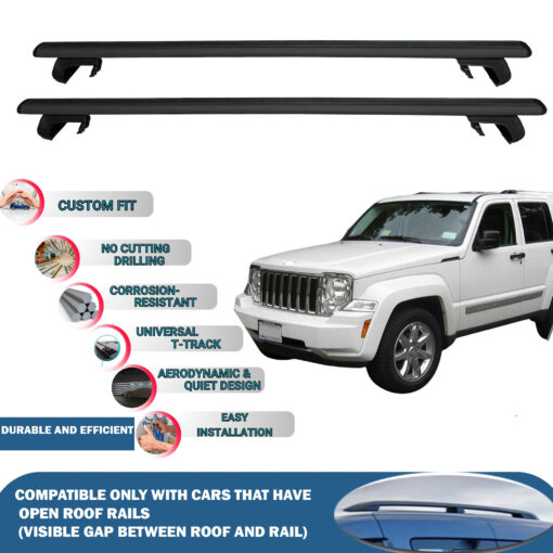 Roof Rack Cross Bars Compatible with Jeep Liberty KK 2008-2012, Fits Raised Roof Rails with Gap to Car Roof, Ideal Rail Carrier for Roof Tents, 2-Piece Black