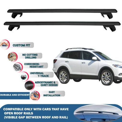 Roof Rack Cross Bars Compatible with Mazda Cx9 2007-2015, Fits Raised Roof Rails with Gap to Car Roof, Ideal Rail Carrier for Roof Tents, 2-Piece Black