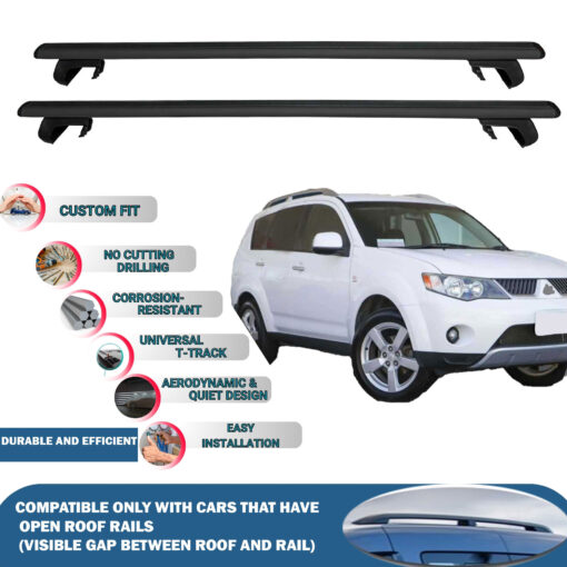 Roof Rack Cross Bars Compatible with Mitsubishi Outlander 2006-2012, Fits Raised Roof Rails with Gap to Car Roof, Ideal Rail Carrier for Roof Tents, 2-Piece Black