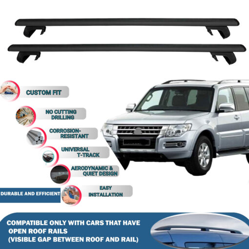 Roof Rack Cross Bars Compatible with Mitsubishi Pajero V80 3D 2007 -2021, Fits Raised Roof Rails with Gap to Car Roof, Ideal Rail Carrier for Roof Tents, 2-Piece Black