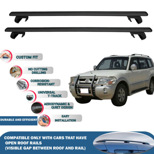 Roof Rack Cross Bars Compatible with Mitsubishi Pajero V60 3D 1999-2006, Fits Raised Roof Rails with Gap to Car Roof, Ideal Rail Carrier for Roof Tents, 2-Piece Black