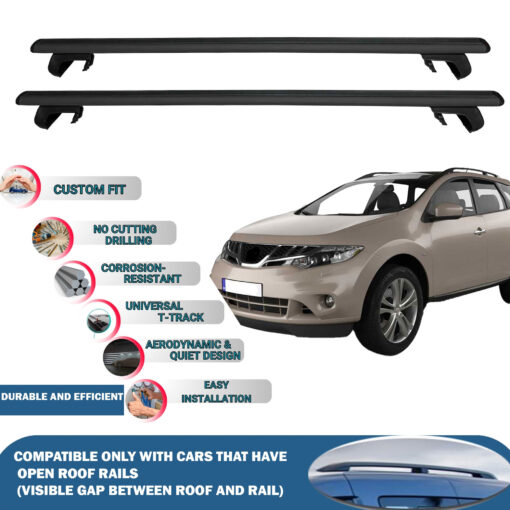 Roof Rack Cross Bars Compatible with Nissan Murano 2008-2014, Fits Raised Roof Rails with Gap to Car Roof, Ideal Rail Carrier for Roof Tents, 2-Piece Black