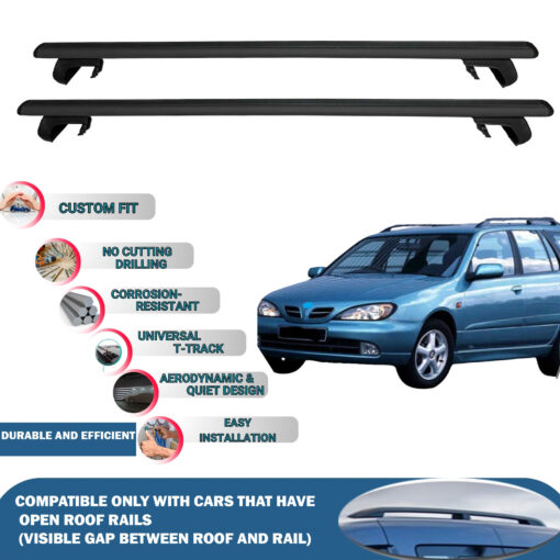 Roof Rack Cross Bars Compatible with Nissan Primera Estate 1996-2003, Fits Raised Roof Rails with Gap to Car Roof, Ideal Rail Carrier for Roof Tents, 2-Piece Black