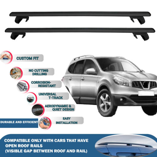 Roof Rack Cross Bars Compatible with Nissan Qashqai+2 2006-2013, Fits Raised Roof Rails with Gap to Car Roof, Ideal Rail Carrier for Roof Tents, 2-Piece Black