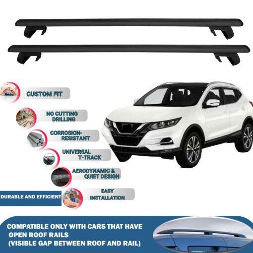 Roof Rack Cross Bars Compatible with Nissan Qashqai 2013-2020, Fits Raised Roof Rails with Gap to Car Roof, Ideal Rail Carrier for Roof Tents, 2-Piece Black