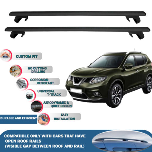 Roof Rack Cross Bars Compatible with Nissan X-Trail 2014-2020, Fits Raised Roof Rails with Gap to Car Roof, Ideal Rail Carrier for Roof Tents, 2-Piece Black