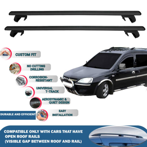 Roof Rack Cross Bars Compatible with Opel Combo C MVN 2001-2011, Fits Raised Roof Rails with Gap to Car Roof, Ideal Rail Carrier for Roof Tents, 2-Piece Black