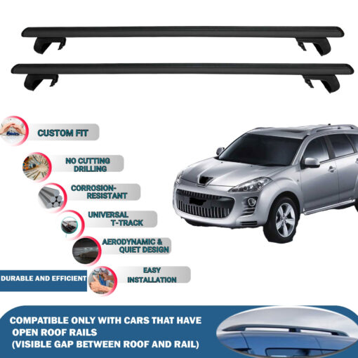 Roof Rack Cross Bars Compatible with Peugeot 4007 2008-2012, Fits Raised Roof Rails with Gap to Car Roof, Ideal Rail Carrier for Roof Tents, 2-Piece Black