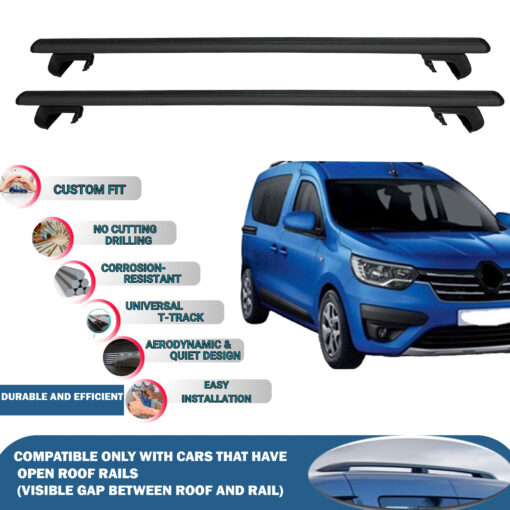 Roof Rack Cross Bars Compatible with Renault Express 2020-2023, Fits Raised Roof Rails with Gap to Car Roof, Ideal Rail Carrier for Roof Tents, 2-Piece Black