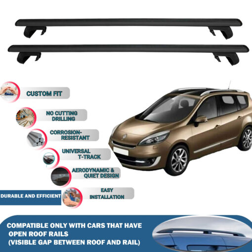 Roof Rack Cross Bars Compatible with Renault Grand Scenic 2009-2016, Fits Raised Roof Rails with Gap to Car Roof, Ideal Rail Carrier for Roof Tents, 2-Piece Black