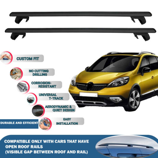 Roof Rack Cross Bars Compatible with Renault Grand X Mod 2012-2016, Fits Raised Roof Rails with Gap to Car Roof, Ideal Rail Carrier for Roof Tents, 2-Piece Black