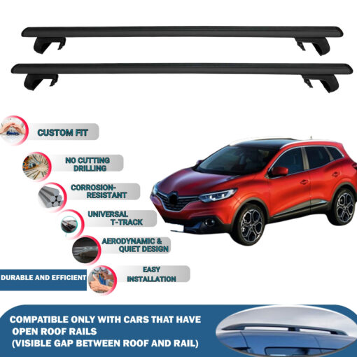 Roof Rack Cross Bars Compatible with Renault Kadjar 2015 Onwards, Fits Raised Roof Rails with Gap to Car Roof, Ideal Rail Carrier for Roof Tents, 2-Piece Black