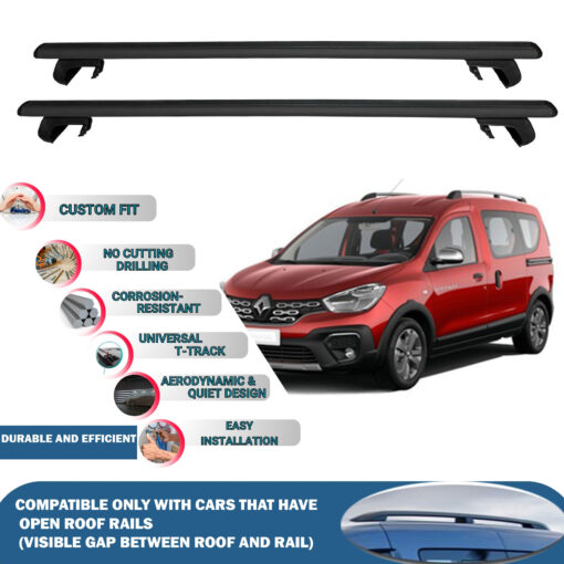 Roof Rack Cross Bars Compatible with Renault Kangoo 5D 2008-2021, Fits Raised Roof Rails with Gap to Car Roof, Ideal Rail Carrier for Roof Tents, 2-Piece Black