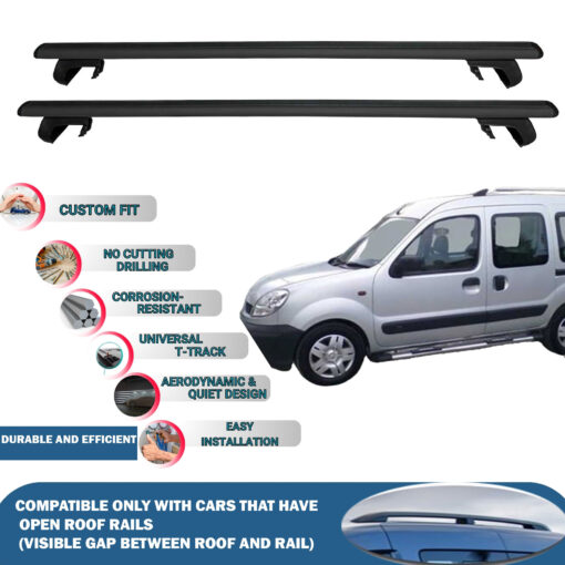 Roof Rack Cross Bars Compatible with Renault Kangoo 1997-2007, Fits Raised Roof Rails with Gap to Car Roof, Ideal Rail Carrier for Roof Tents, 2-Piece Black