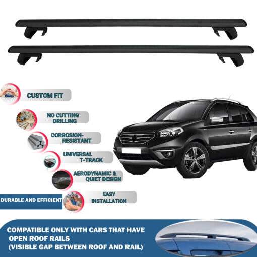 Roof Rack Cross Bars Compatible with Renault Koleos 2007-2016, Fits Raised Roof Rails with Gap to Car Roof, Ideal Rail Carrier for Roof Tents, 2-Piece Black