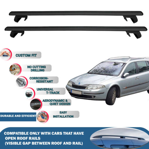 Roof Rack Cross Bars Compatible with Renault Laguna X74 Estate/G.tour 2001-2008, Fits Raised Roof Rails with Gap to Car Roof, Ideal Rail Carrier for Roof Tents, 2-Piece Black