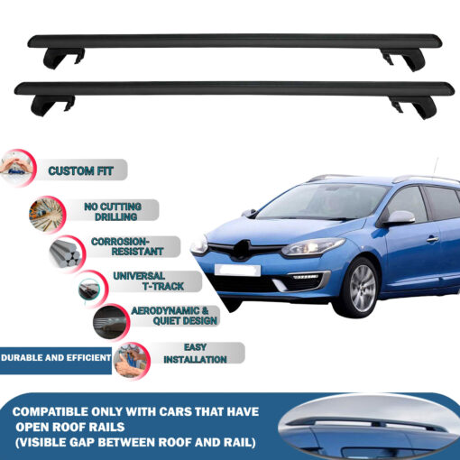 Roof Rack Cross Bars Compatible with Renault Megane Estate/G.Tourer 2008-2016, Fits Raised Roof Rails with Gap to Car Roof, Ideal Rail Carrier for Roof Tents, 2-Piece Black