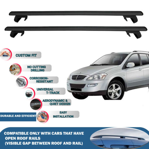 Roof Rack Cross Bars Compatible with Ssangyong Actyon 2006-2011, Fits Raised Roof Rails with Gap to Car Roof, Ideal Rail Carrier for Roof Tents, 2-Piece Black